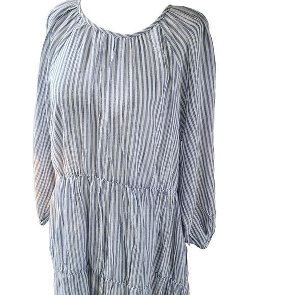 SUNDRY Stripe Woven Cotton Tiered Maxi Dress Pockets White Navy Womens Sz Small - Picture 5 of 16